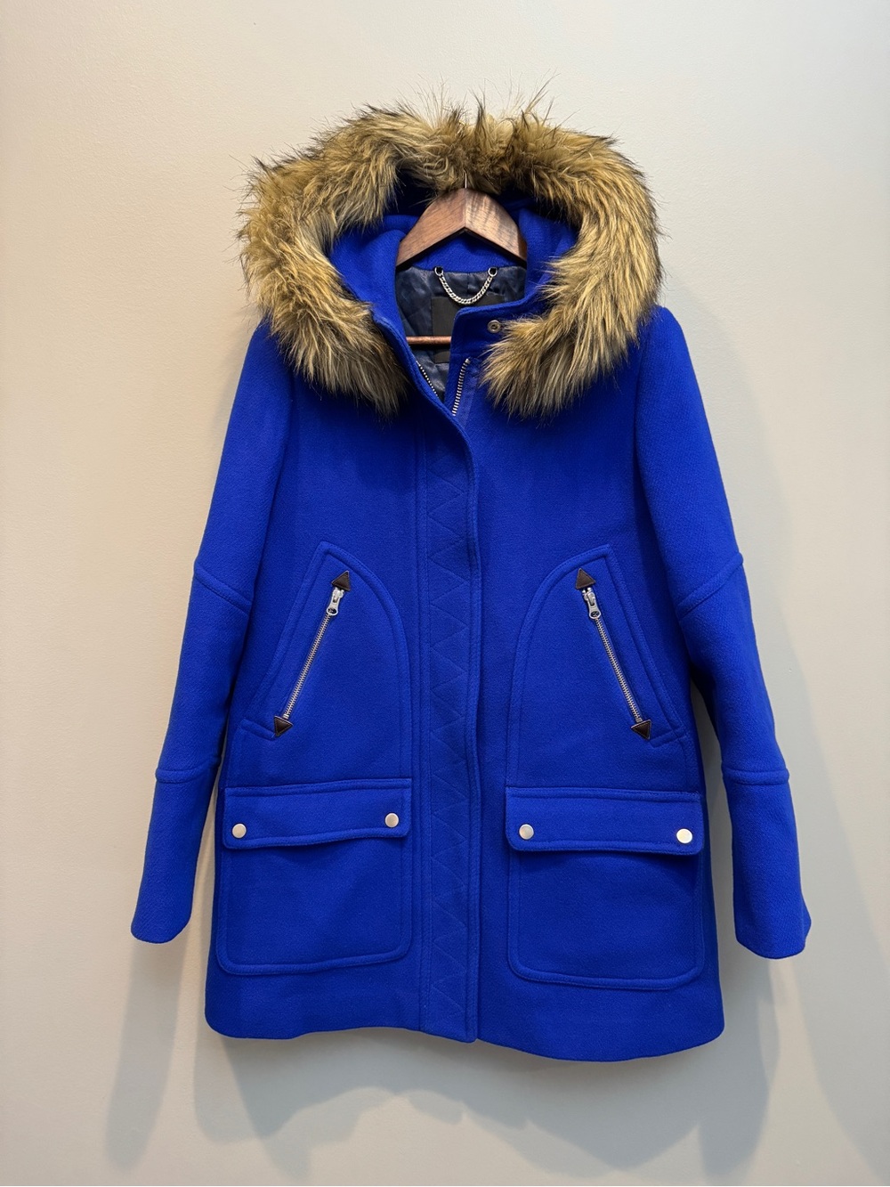 J.Crew Chateau Parka Stadium Cloth Wool Coat Hooded Blue Nello Gori Size 10